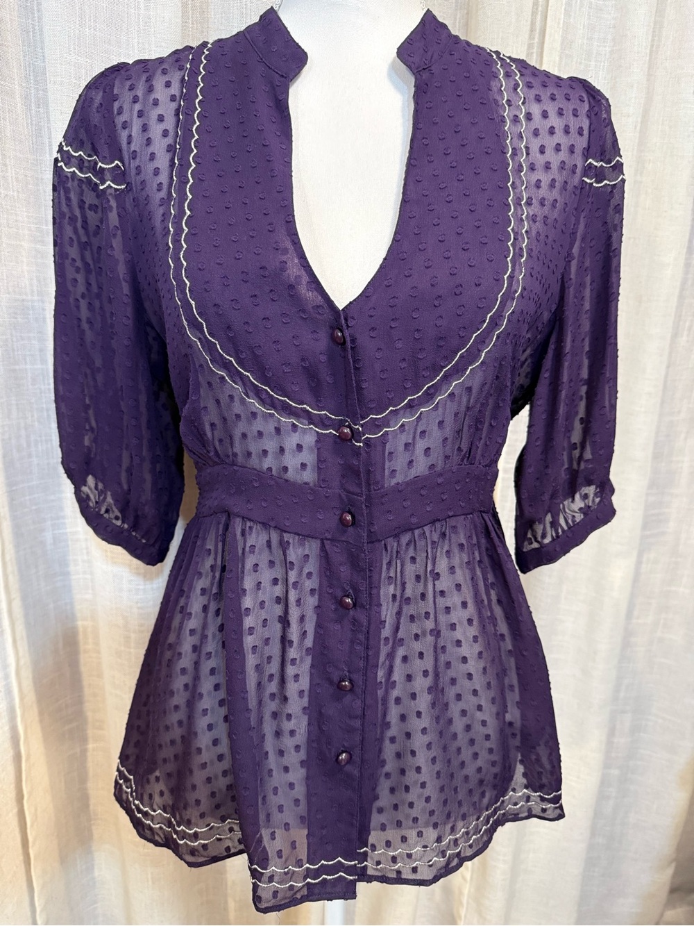 Maeve Anthropologie 100% Silk Purple Swiss Dot Sheer Tie Back Blouse Tunic Sz 10